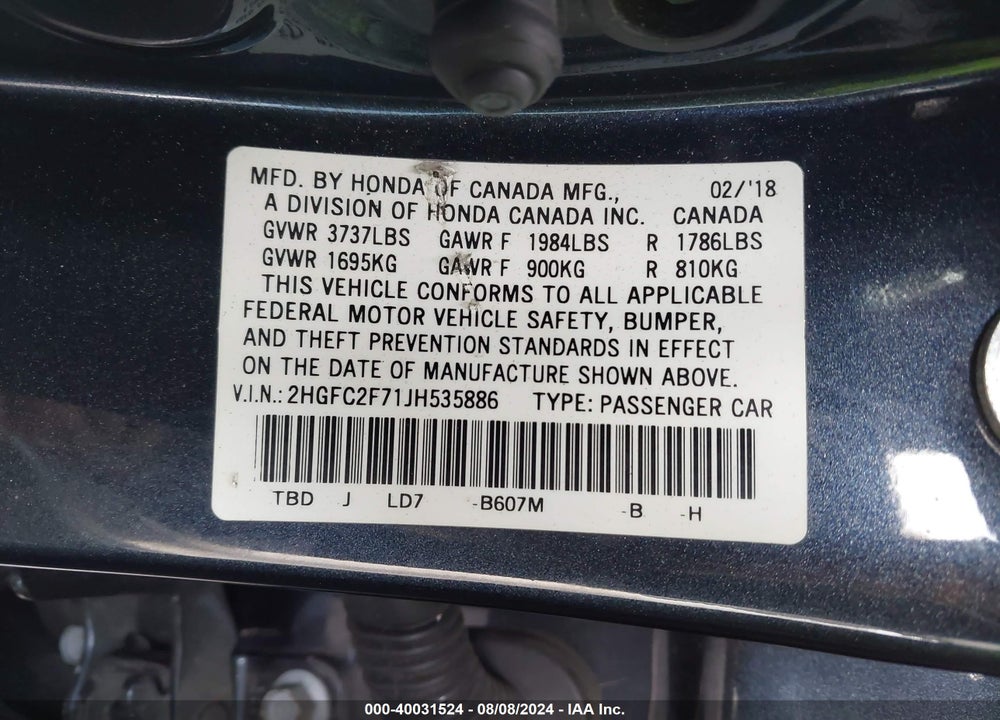 2018 HONDA CIVIC EX VIN: 2HGFC2F71JH535886