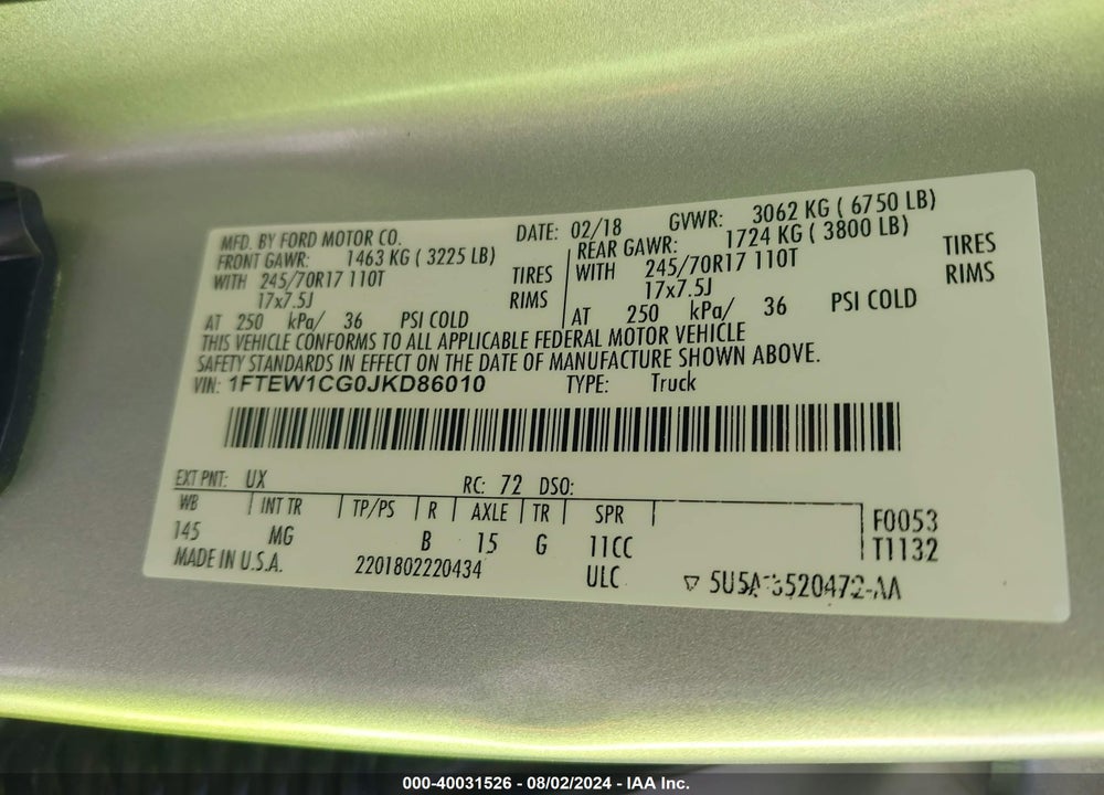 2018 FORD F-150 XLT VIN: 1FTEW1CG0JKD86010
