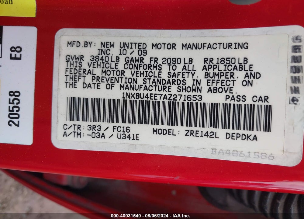 2010 TOYOTA COROLLA LE VIN: 1NXBU4EE7AZ271653