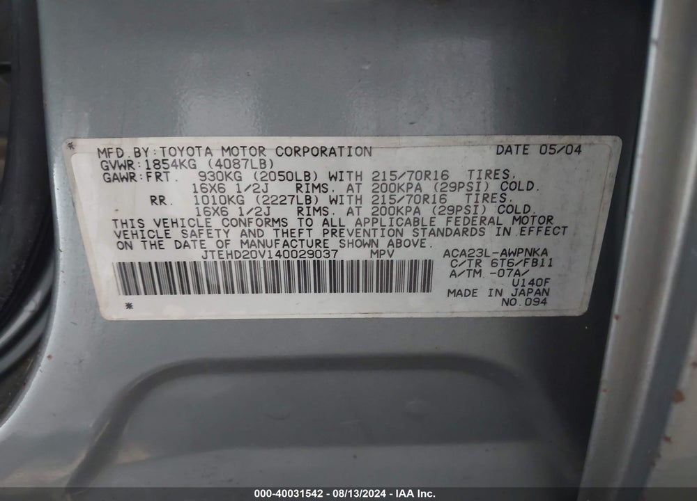 2004 TOYOTA RAV4 VIN: JTEHD20V140029037