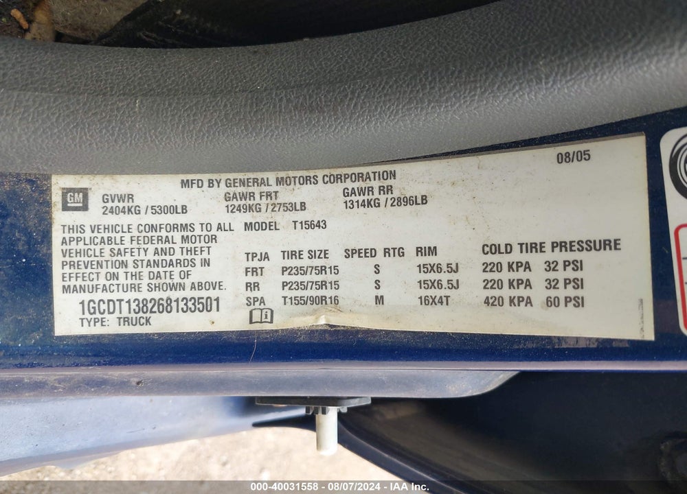 2006 CHEVROLET COLORADO LT VIN: 1GCDT138268133501
