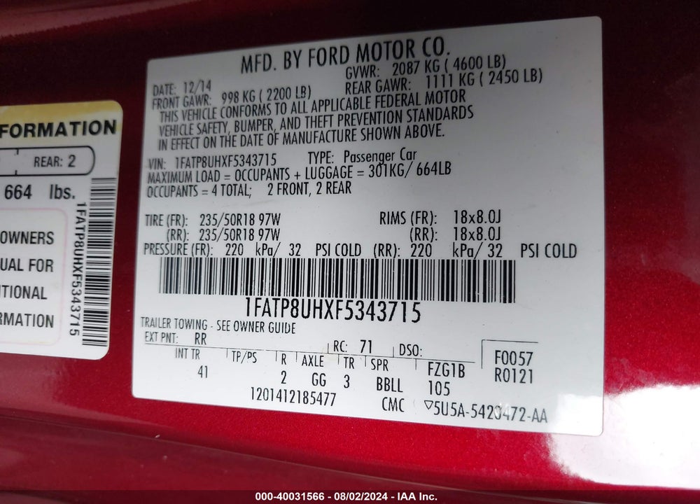 2015 FORD MUSTANG ECOBOOST PREMIUM VIN: 1FATP8UHXF5343715