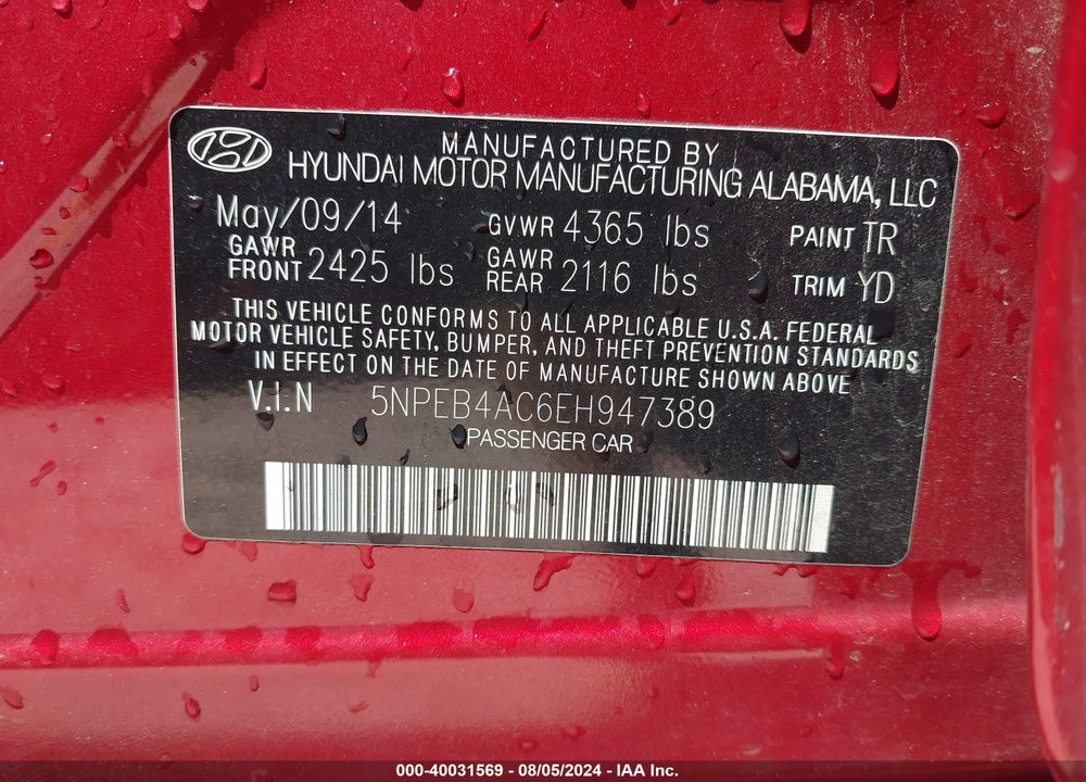 2014 HYUNDAI SONATA VIN: 5NPEB4AC6EH947389