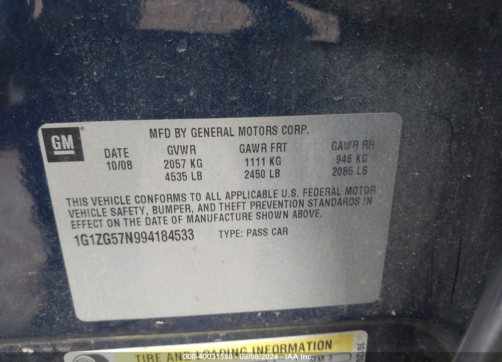 2009 CHEVROLET MALIBU LS VIN: 1G1ZG57N994184533