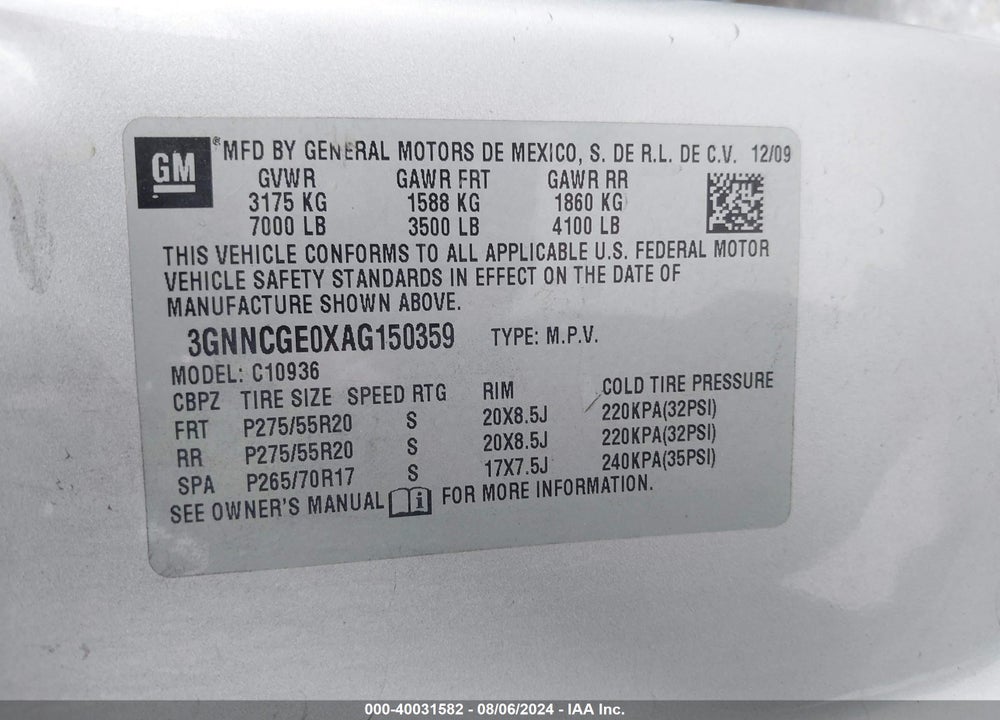 2010 CHEVROLET AVALANCHE LTZ VIN: 3GNNCGE0XAG150359