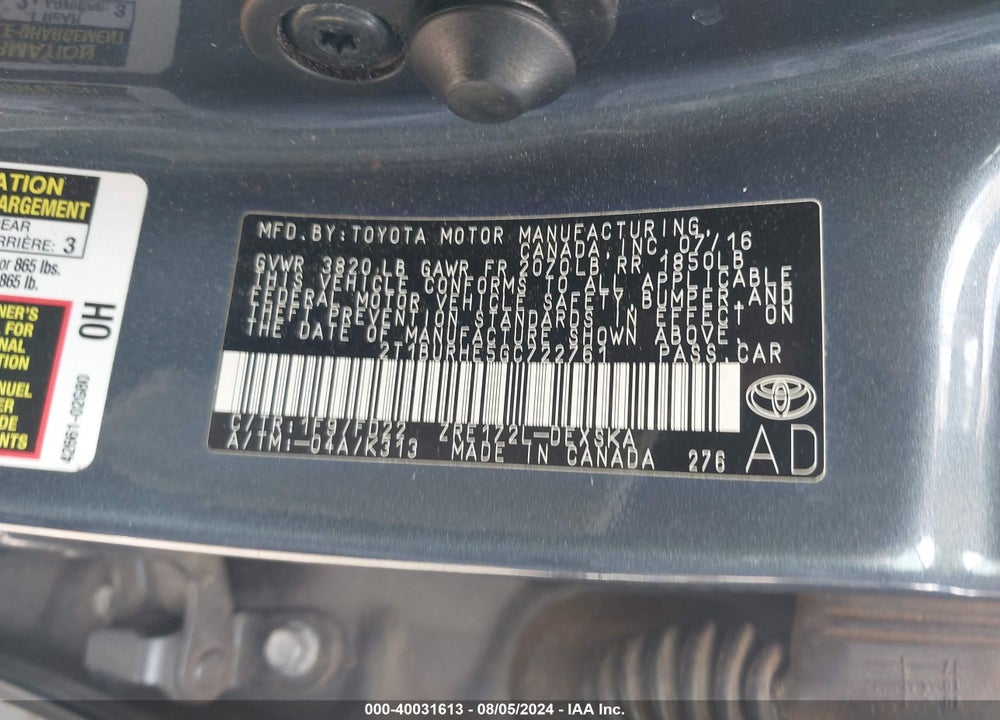 2016 TOYOTA COROLLA S PLUS VIN: 2T1BURHE5GC722761