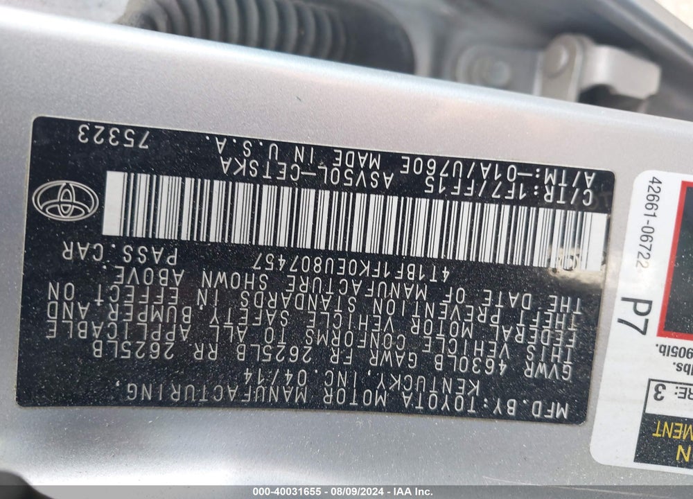 2014 TOYOTA CAMRY SE VIN: 4T1BF1FK0EU807457
