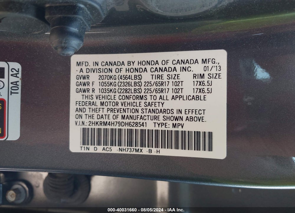 2013 HONDA CR-V EX-L VIN: 2HKRM4H79DH628541