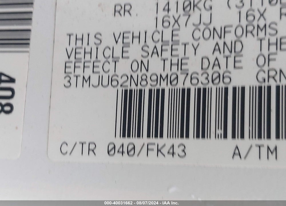 2009 TOYOTA TACOMA PRERUNNER V6 VIN: 3TMJU62N89M076306