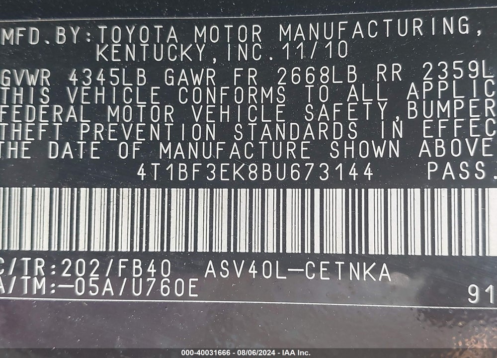 2011 TOYOTA CAMRY LE VIN: 4T1BF3EK8BU673144
