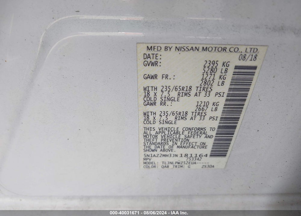 2018 NISSAN MURANO S VIN: 5N1AZ2MH3JN181164