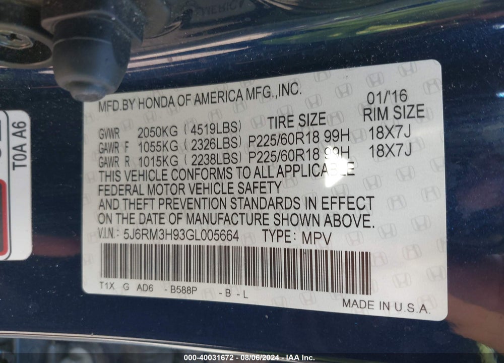 2016 HONDA CR-V TOURING VIN: 5J6RM3H93GL005664