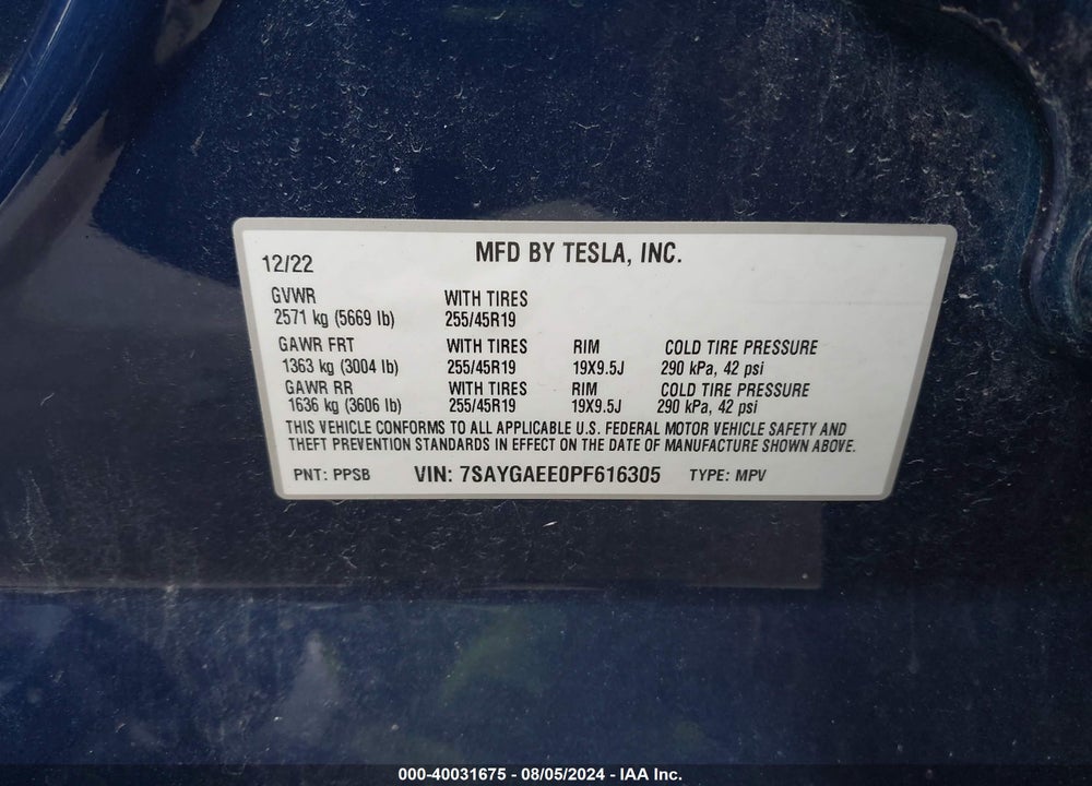 2023 TESLA MODEL Y AWD/LONG RANGE DUAL MOTOR ALL-WHEEL DRIVE VIN: 7SAYGAEE0PF616305