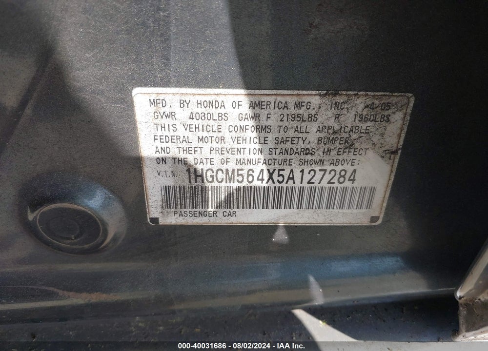 2005 HONDA ACCORD 2.4 LX VIN: 1HGCM564X5A127284