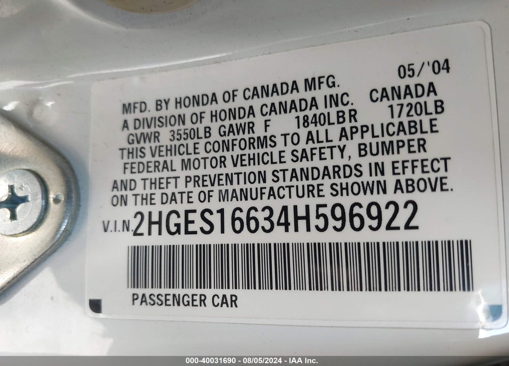 2004 HONDA CIVIC LX VIN: 2HGES16634H596922