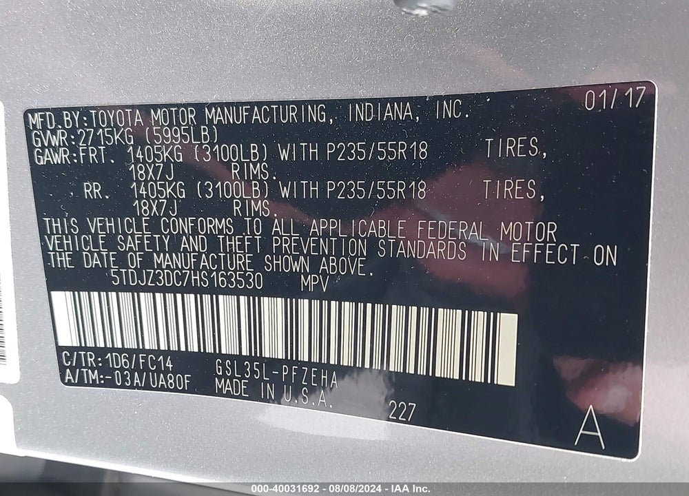 2017 TOYOTA SIENNA LE 7 PASSENGER VIN: 5TDJZ3DC7HS163530