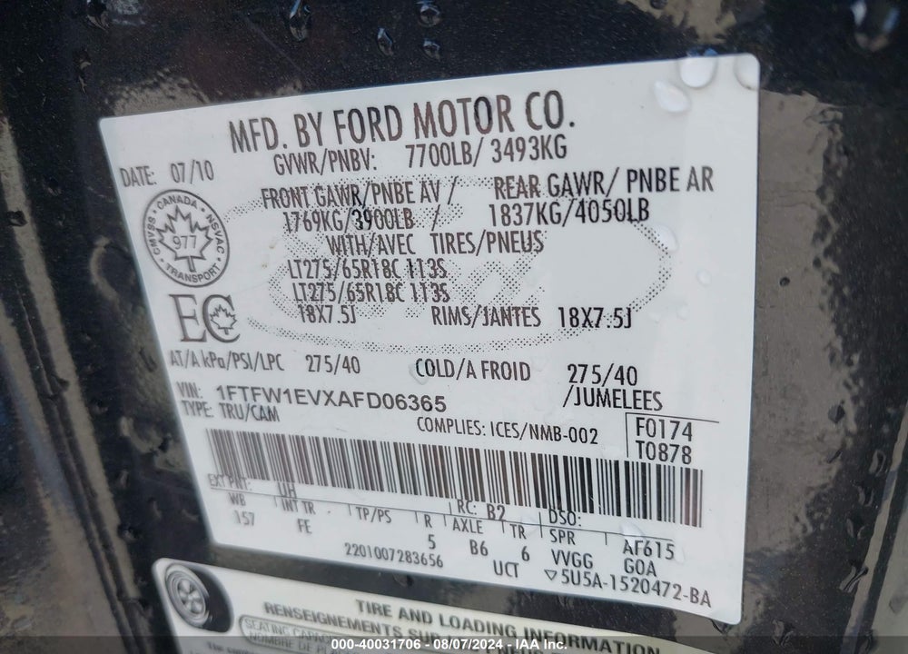 2010 FORD F-150 FX4/HARLEY-DAVIDSON/KING RANCH/LARIAT/PLATINUM/XL/XLT VIN: 1FTFW1EVXAFD06365
