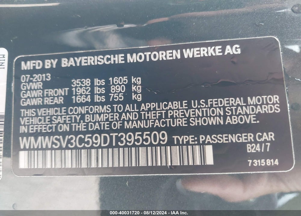 2013 MINI HARDTOP COOPER S VIN: WMWSV3C59DT395509