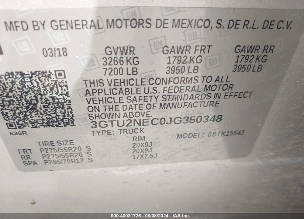 2018 GMC SIERRA 1500 VIN: 3GTU2NEC0JG350348