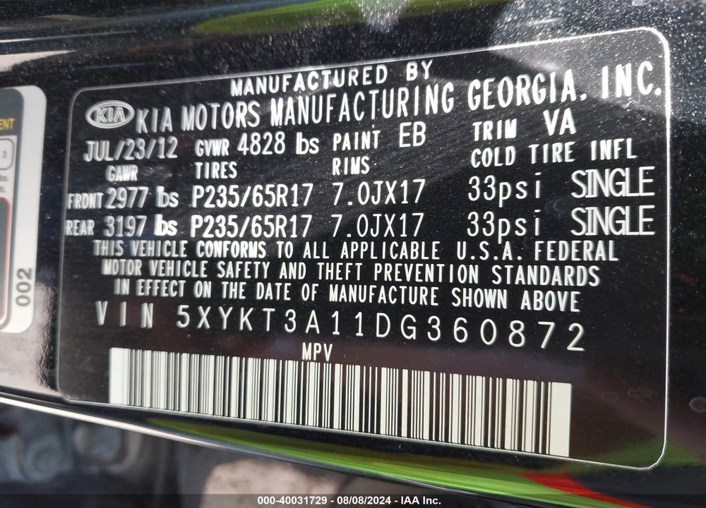 2013 KIA SORENTO LX VIN: 5XYKT3A11DG360872