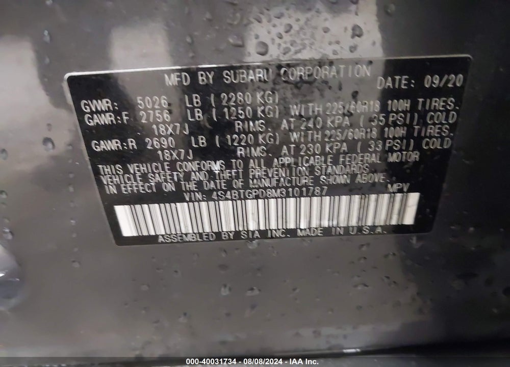 2021 SUBARU OUTBACK TOURING XT VIN: 4S4BTGPD8M3101787