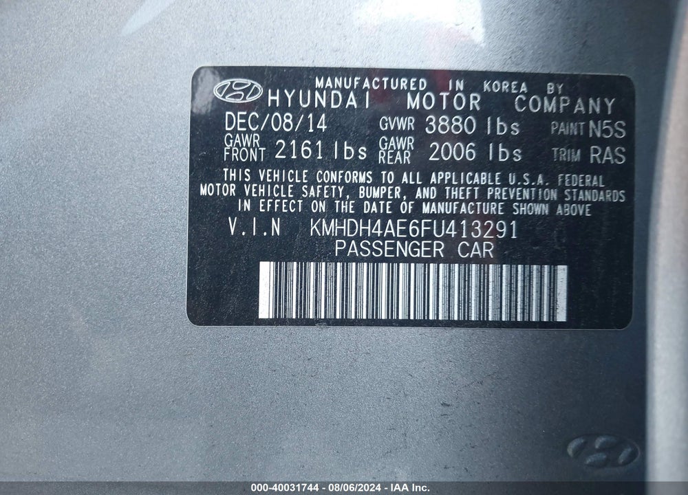 2015 HYUNDAI ELANTRA SE VIN: KMHDH4AE6FU413291