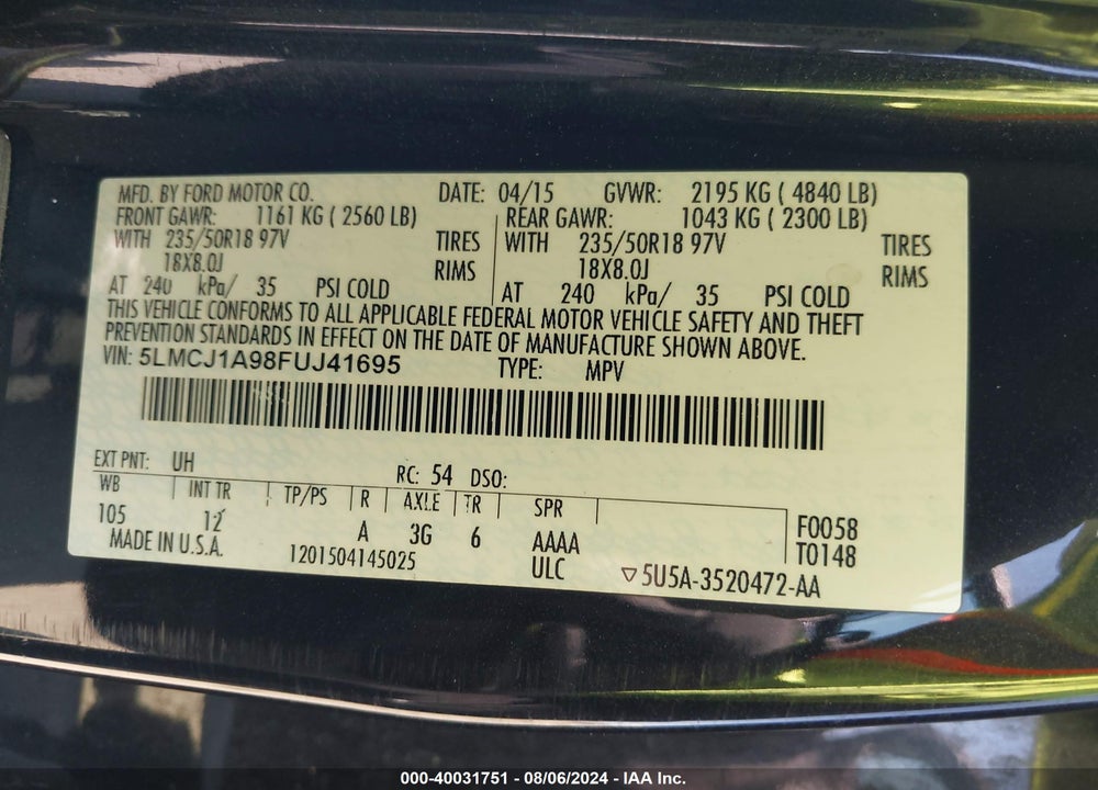 2015 LINCOLN MKC VIN: 5LMCJ1A98FUJ41695
