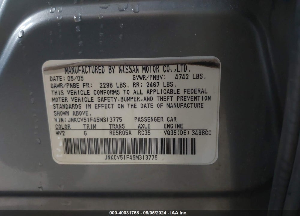 2005 INFINITI G35X VIN: JNKCV51F45M313775