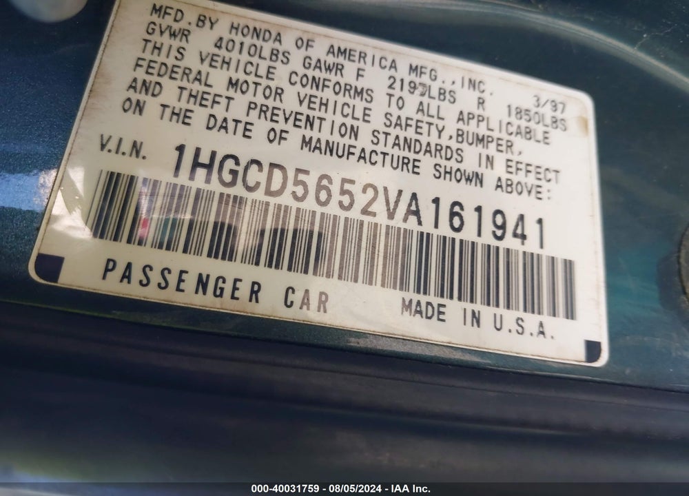 1997 HONDA ACCORD EX VIN: 1HGCD5652VA161941