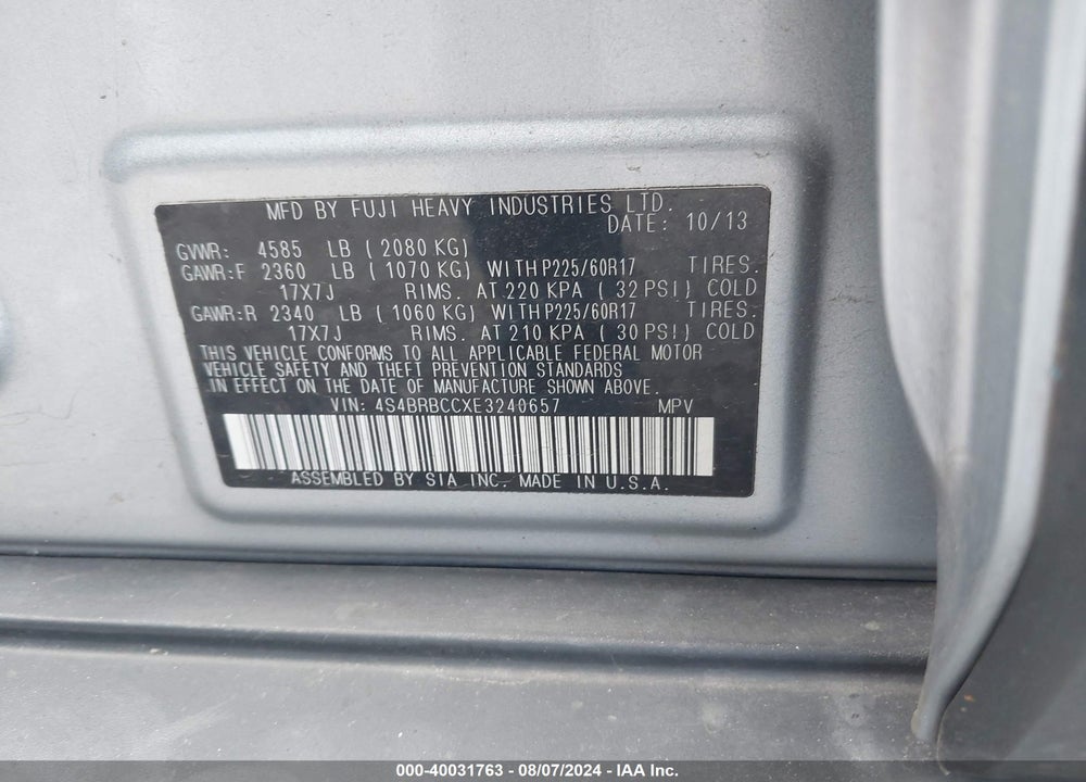 2014 SUBARU OUTBACK 2.5I PREMIUM VIN: 4S4BRBCCXE3240657