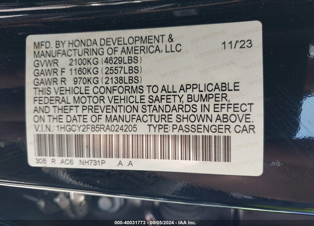 2024 HONDA ACCORD HYBRID TOURING VIN: 1HGCY2F85RA024205