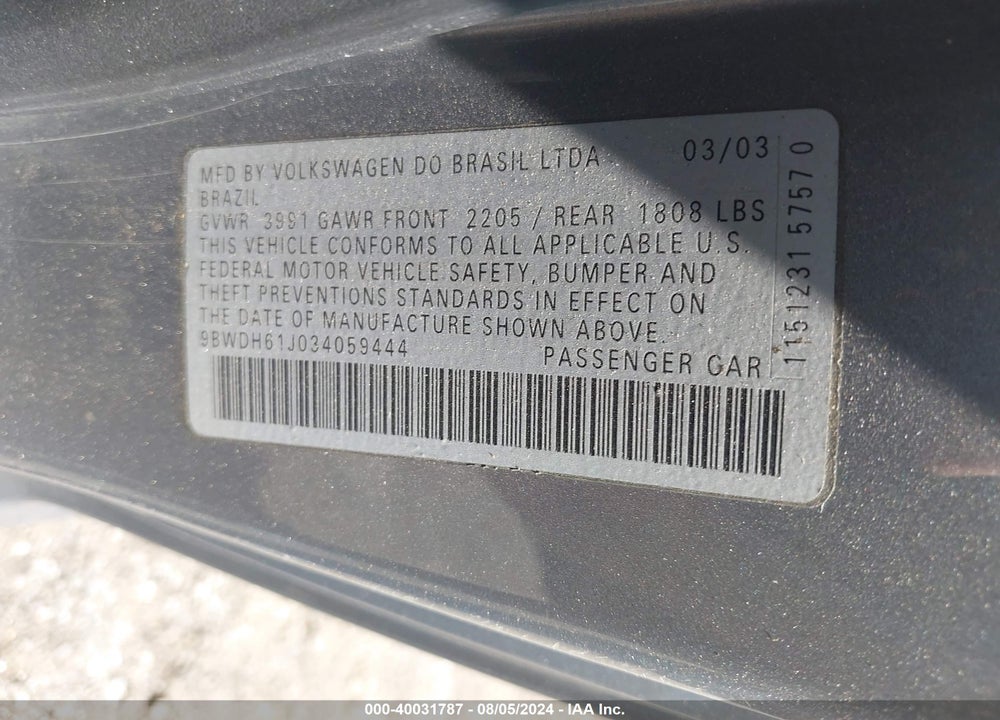 2003 VOLKSWAGEN GTI VR6 VIN: 9BWDH61J034059444