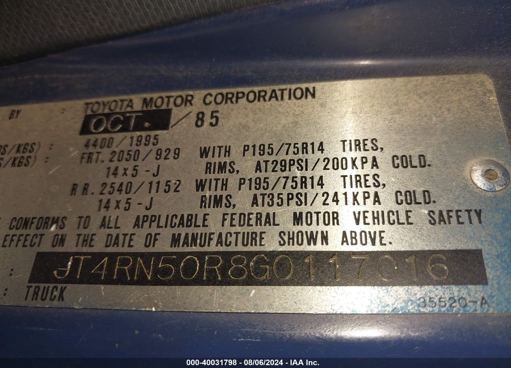 1986 TOYOTA PICKUP 1/2 TON RN50 VIN: JT4RN50R8G0117016