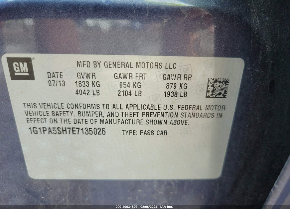2014 CHEVROLET CRUZE LS AUTO VIN: 1G1PA5SH7E7135026