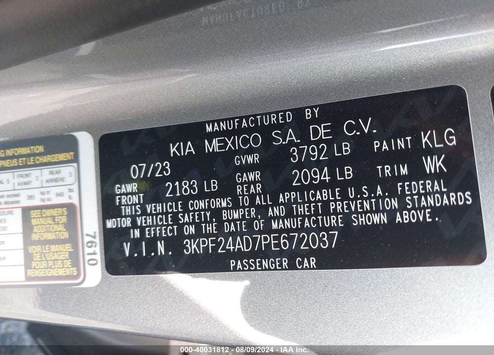 2023 KIA FORTE LXS VIN: 3KPF24AD7PE672037