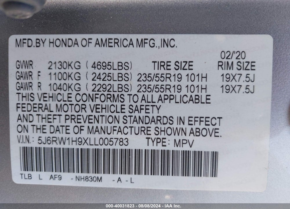 2020 HONDA CR-V 2WD TOURING VIN: 5J6RW1H9XLL005783