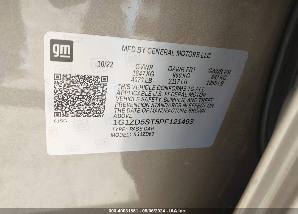 2023 CHEVROLET MALIBU FWD 1LT VIN: 1G1ZD5ST5PF121493