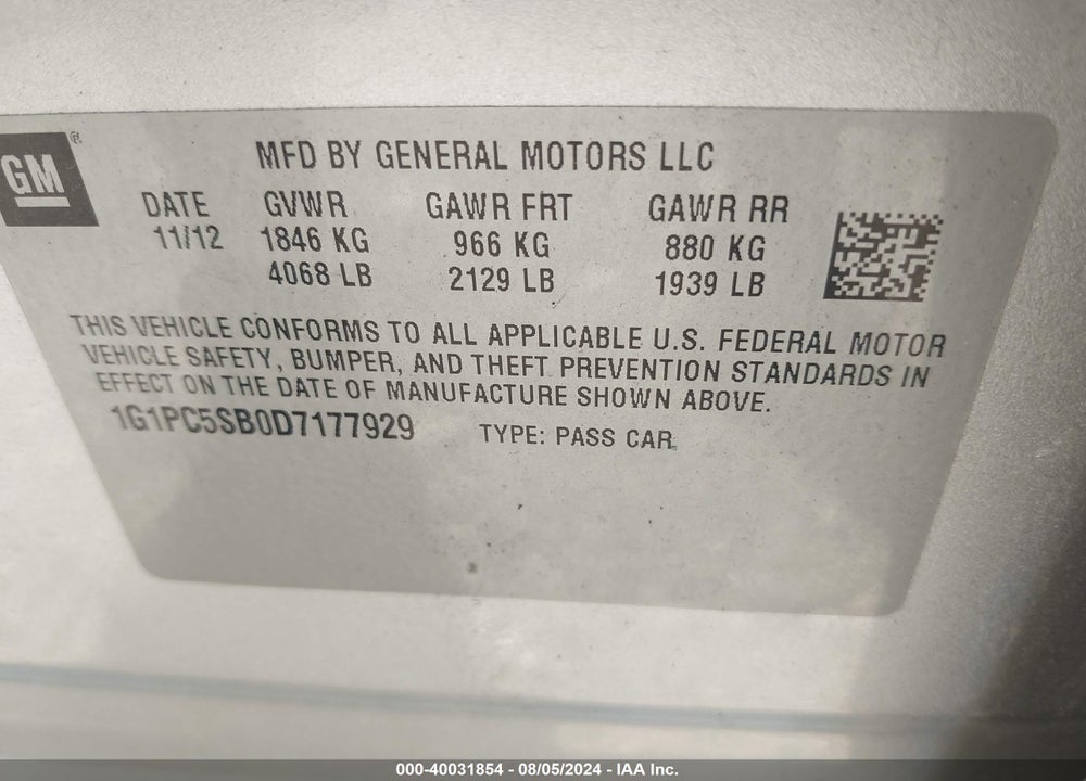 2013 CHEVROLET CRUZE 1LT AUTO VIN: 1G1PC5SB0D7177929