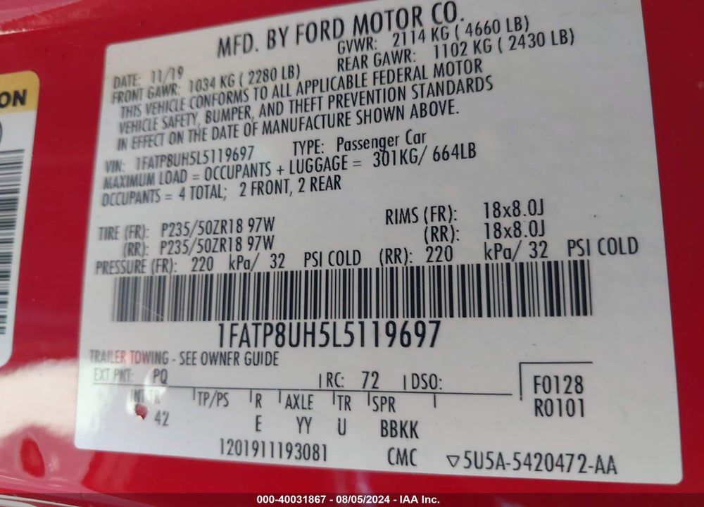 2020 FORD MUSTANG ECOBOOST PREMIUM VIN: 1FATP8UH5L5119697