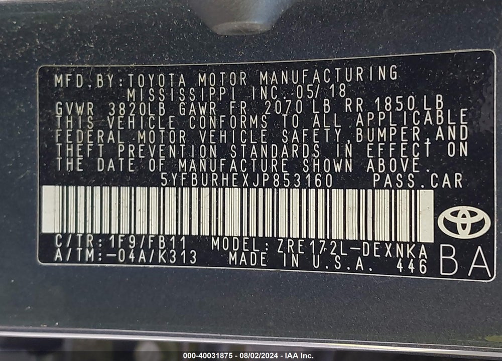 2018 TOYOTA COROLLA LE VIN: 5YFBURHEXJP853160