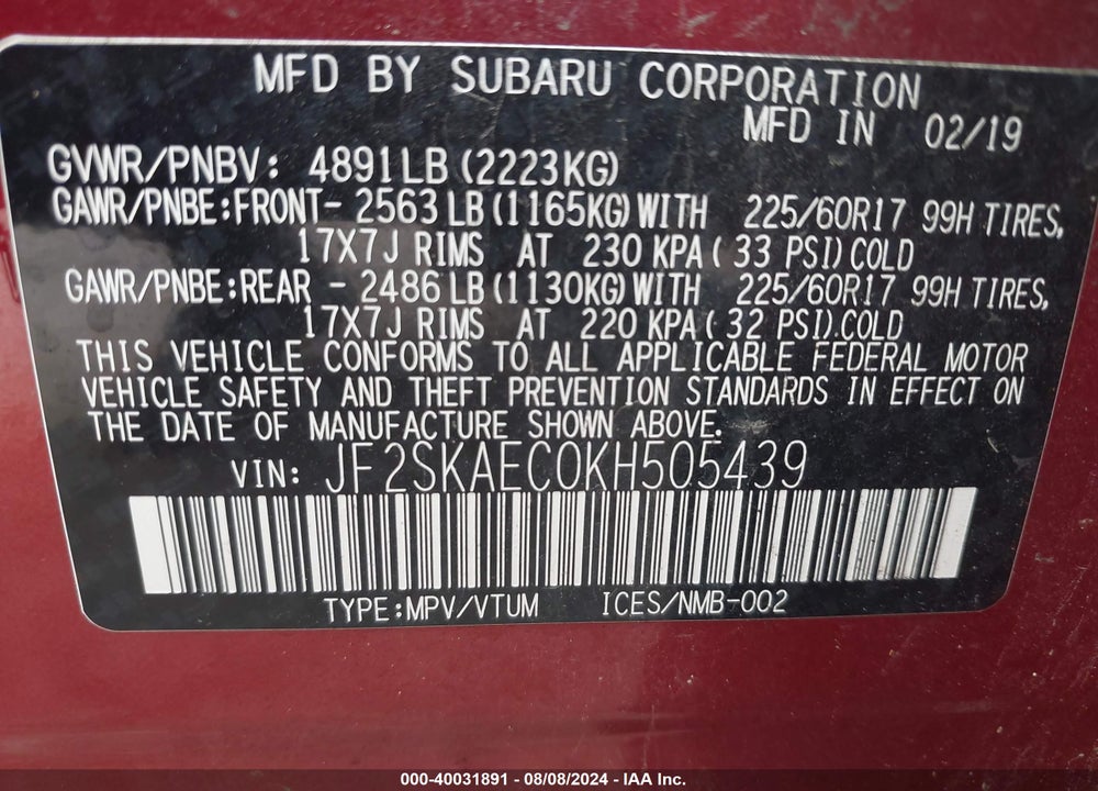 2019 SUBARU FORESTER PREMIUM VIN: JF2SKAEC0KH505439