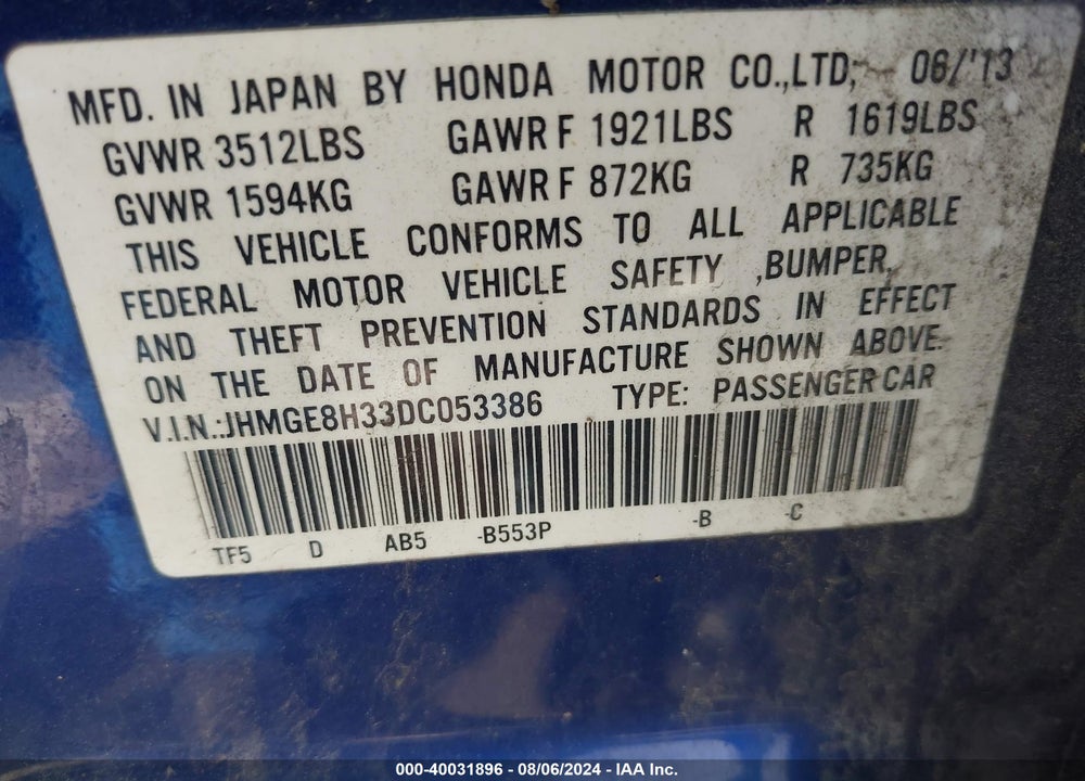 2013 HONDA FIT VIN: JHMGE8H33DC053386