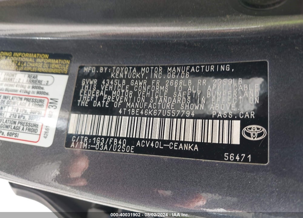 2007 TOYOTA CAMRY LE VIN: 4T1BE46K67U557794