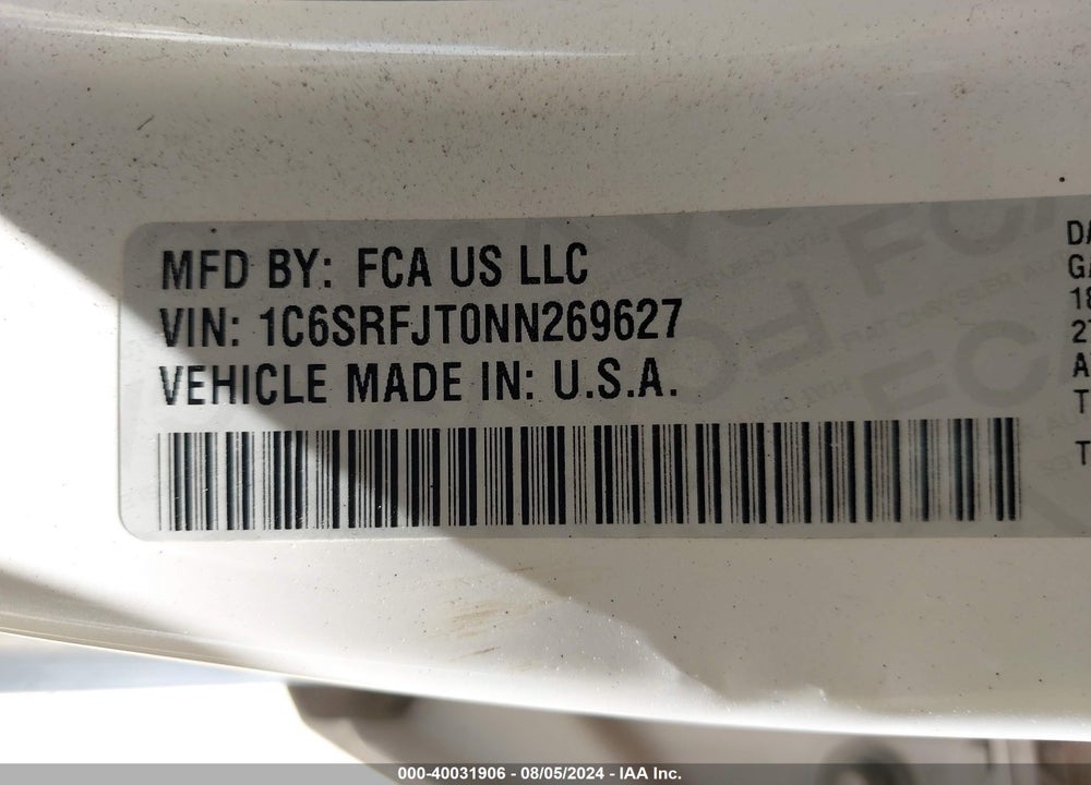 2022 RAM 1500 LAIE  4X4 5'7 BOX VIN: 1C6SRFJT0NN269627