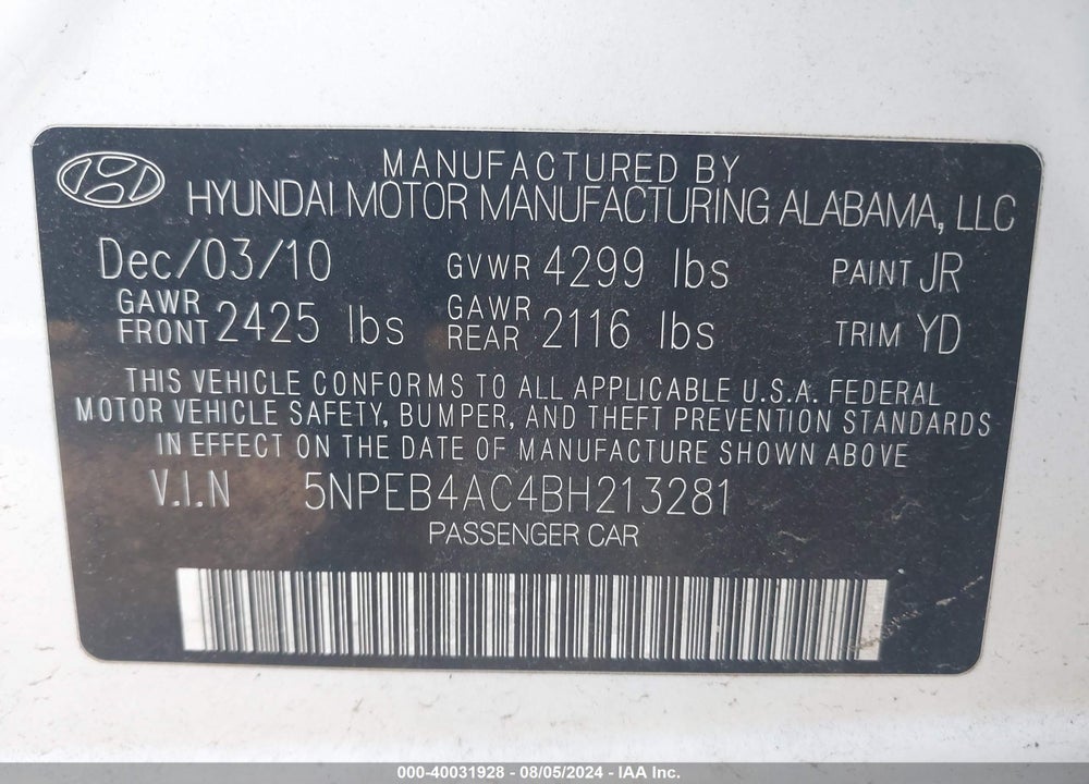 2011 HYUNDAI SONATA GLS VIN: 5NPEB4AC4BH213281