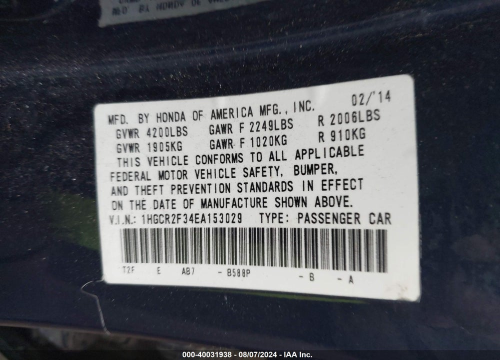 2014 HONDA ACCORD LX VIN: 1HGCR2F34EA153029