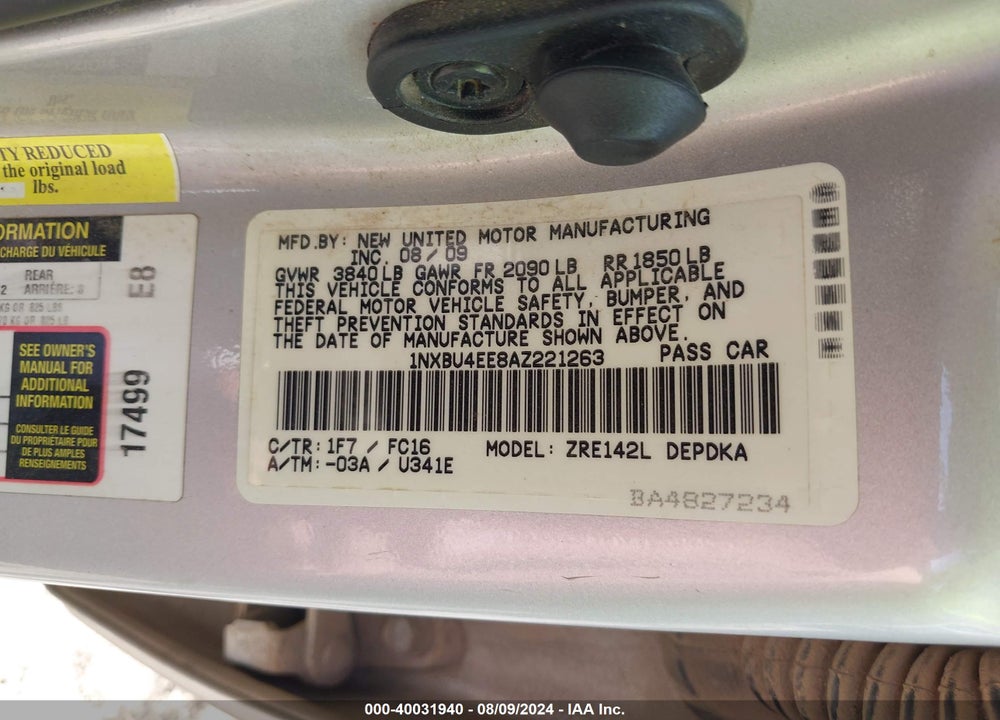 2010 TOYOTA COROLLA LE VIN: 1NXBU4EE8AZ221263