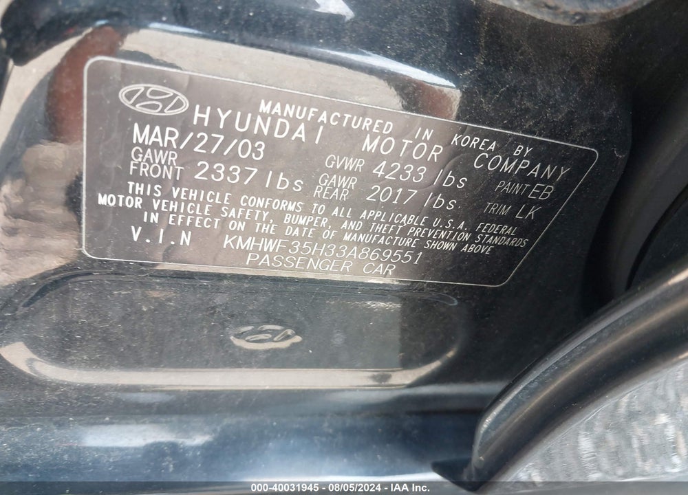 2003 HYUNDAI SONATA GLS/LX VIN: KMHWF35H33A869551