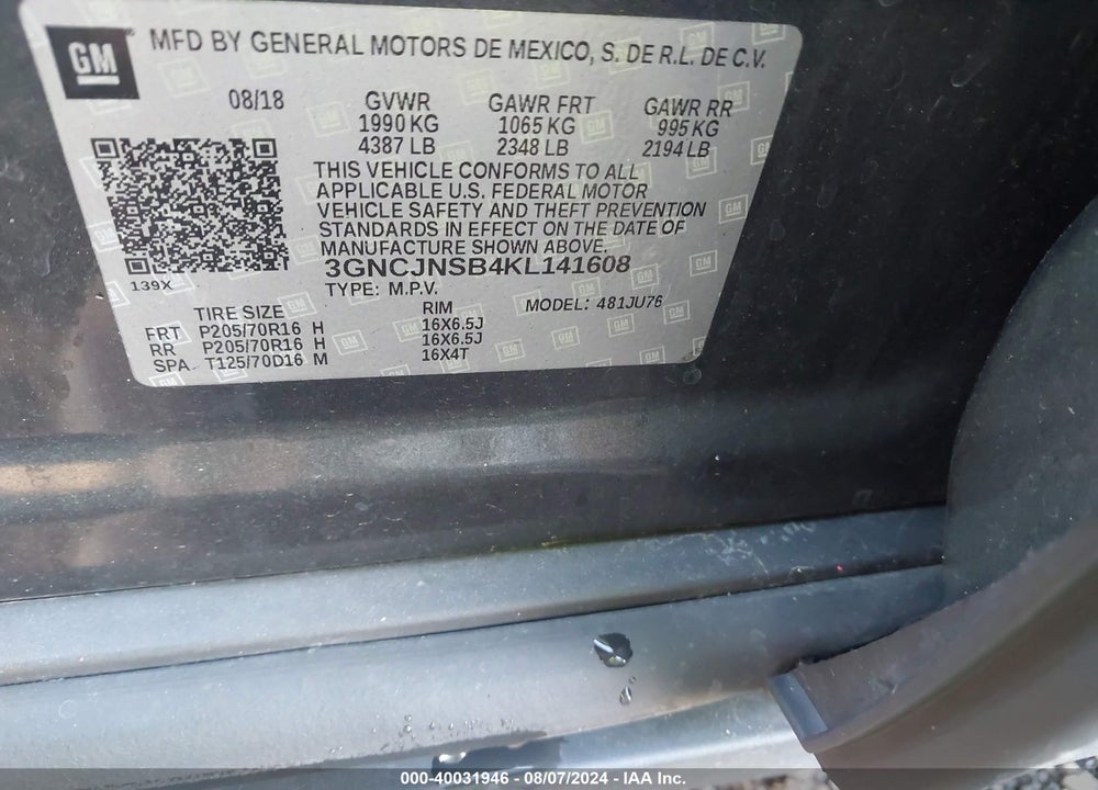 2019 CHEVROLET TRAX LS VIN: 3GNCJNSB4KL141608