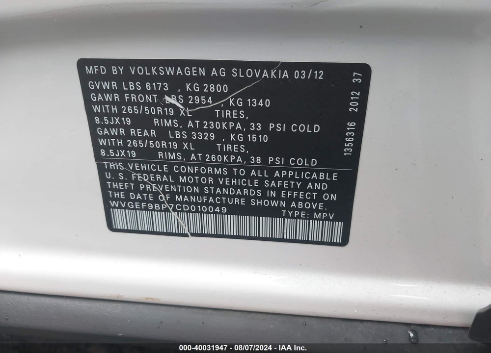2012 VOLKSWAGEN TOUAREG VR6 LUX VIN: WVGEF9BP7CD010049